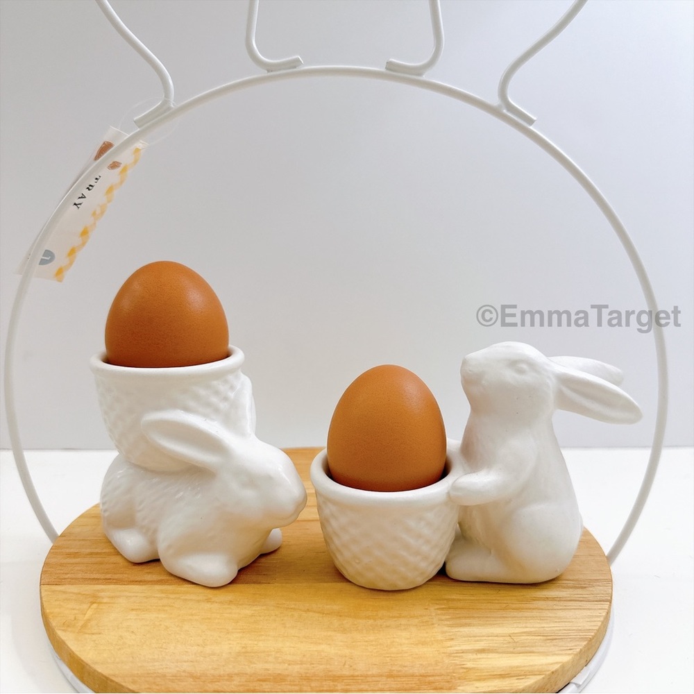 Set of 2 Target Bullseye Easter Ceramic Bunny Rabbit Egg Holder Set